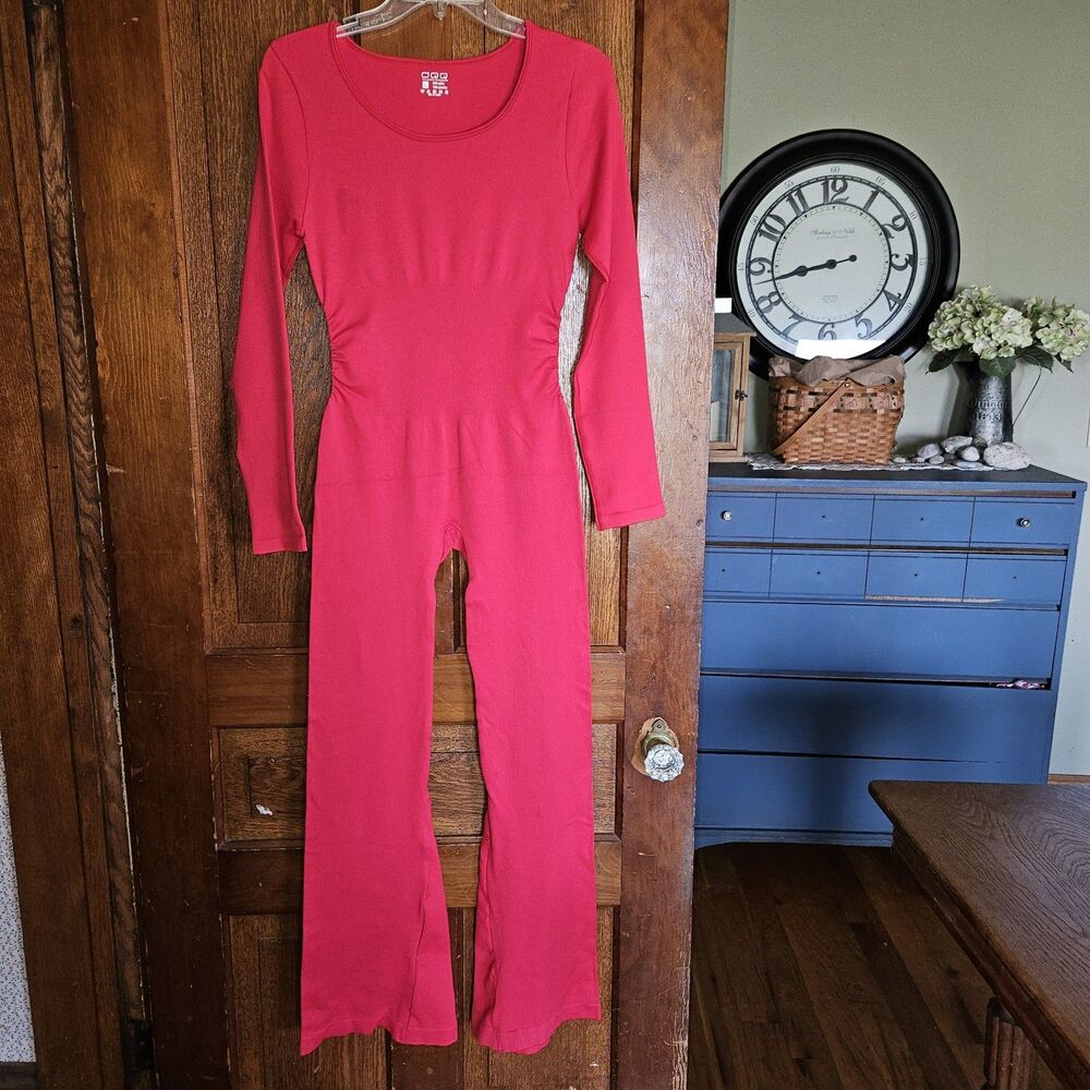 Restocked! OQQ Red Flared Ribbed Yoga Jumpsuit Large Bell Bottom One Piece NWT